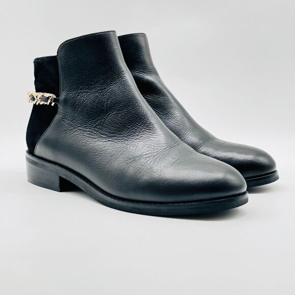 Cole Haan Boots Womens 7 Black Leather Suede Chain Ankle Booties Idina Shoes - Picture 1 of 11